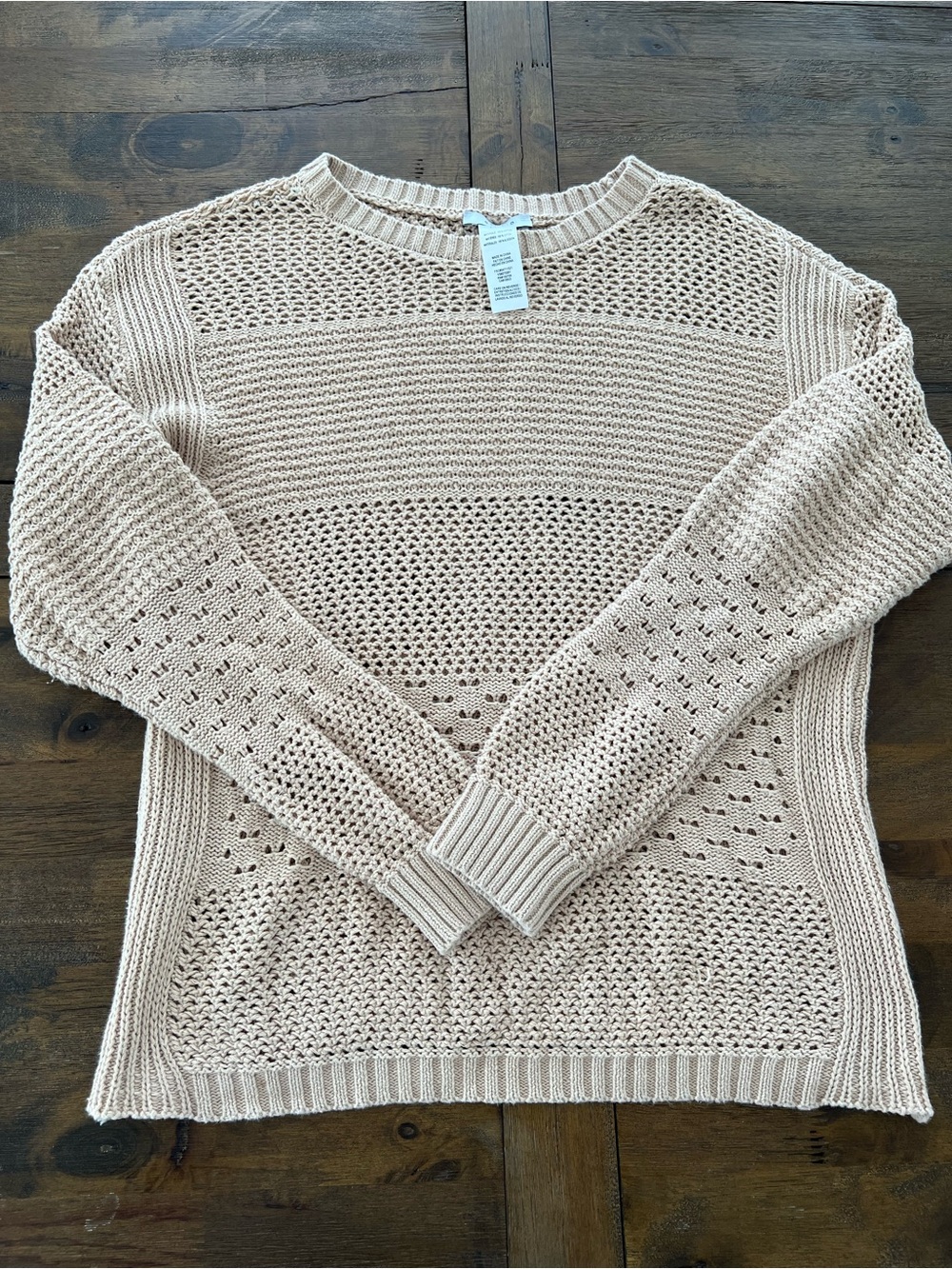 Women's Open-Knit Crewneck Sweater in Light Beige